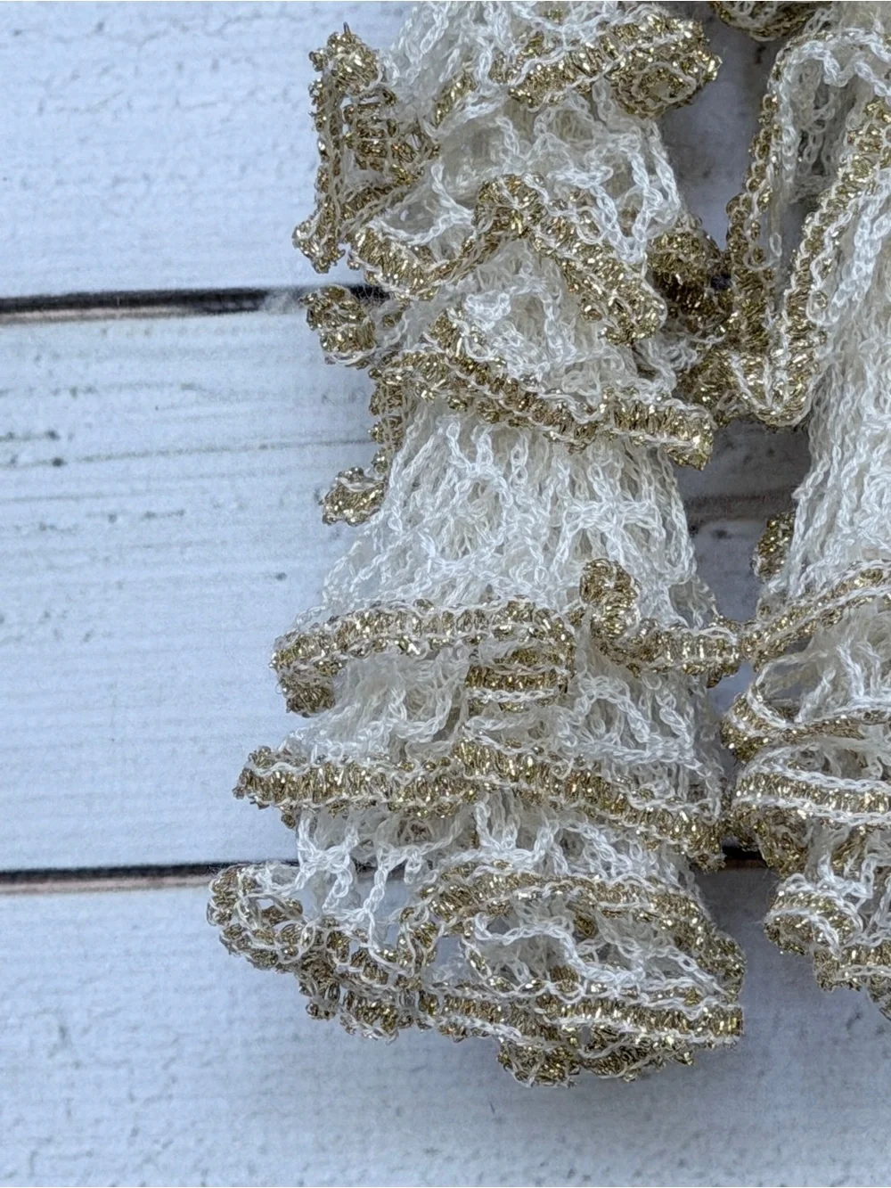 Ruffled Crochet Scarf in Cream with Gold Accent